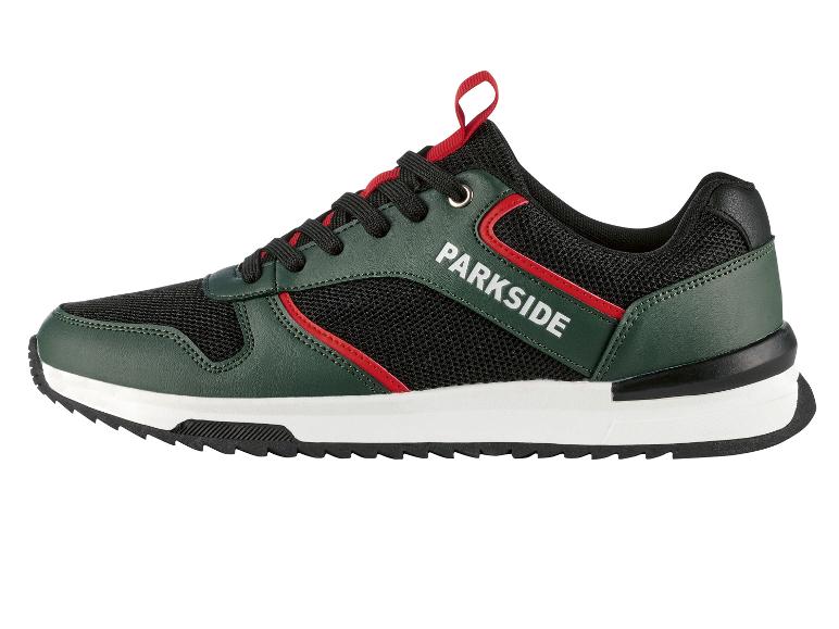 Des baskets Parkside vertes avec des accents rouges.