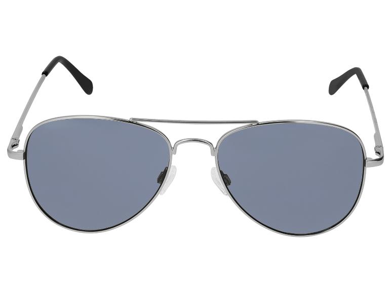 Lunettes de soleil aviateur avec monture argentée et verres gris.