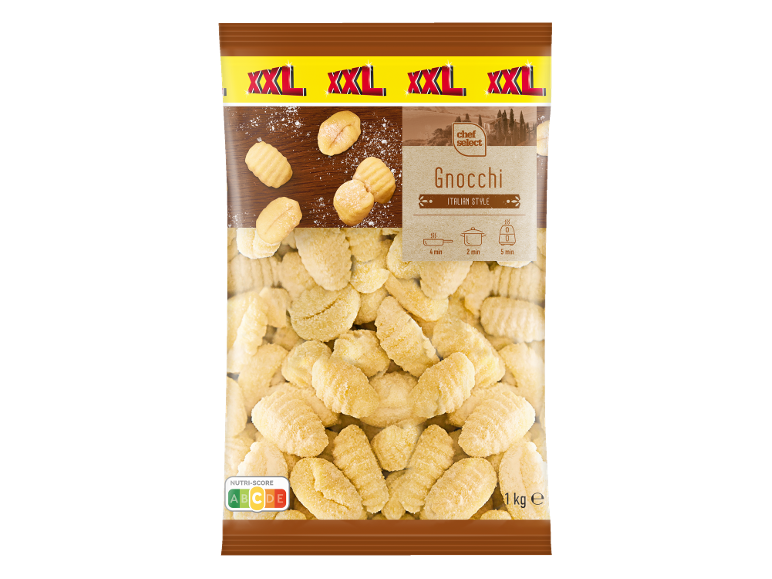 Paquet de gnocchis XXL avec Nutri-Score A et un poids de 1 kg.