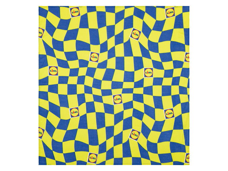 Un torchon jaune et bleu à carreaux avec le logo Lidl.