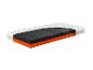 Matelas coupé avec une couche supérieure noire et une couche inférieure orange.