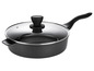 Une casserole noire avec un couvercle en verre.