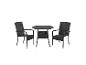 Ensemble bistrot de jardin 3 pièces avec deux chaises en osier noir et une table ronde en verre.