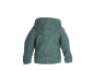 Dos d'un cardigan bébé en tricot vert avec capuche.