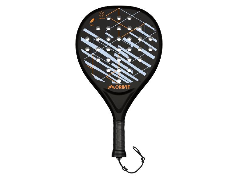 Raquette de padel noire avec un design géométrique orange et bleu, avec les textes 'Resistant' et 'Light'.