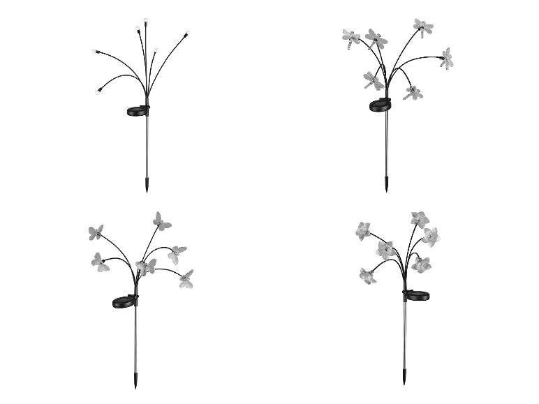 Lampes solaires décoratives : papillons, libellules et lumières.