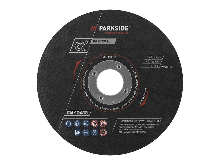 Disque à tronçonner le métal avec spécifications et pictogrammes de sécurité.