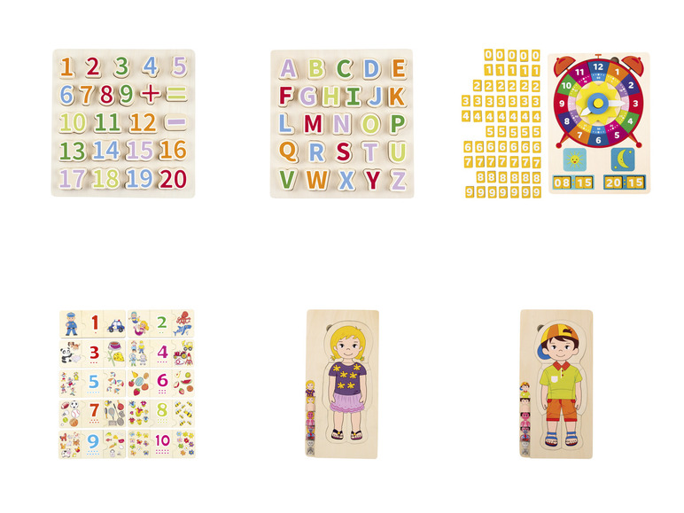 Jouets en bois avec des lettres, des chiffres et une horloge.