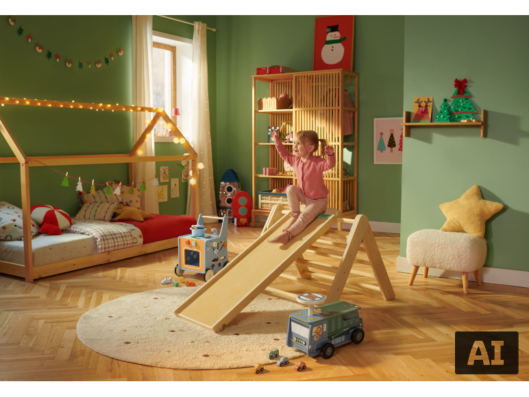 Une fille glisse sur un toboggan en bois dans une chambre d'enfant décorée pour Noël.