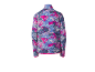 Dos d'une veste polaire colorée avec un motif abstrait vif en rose, bleu et blanc.