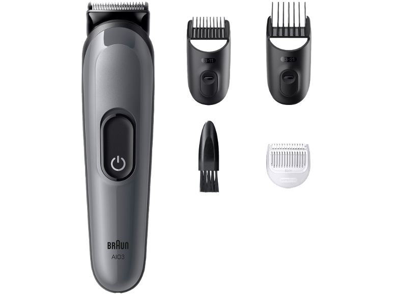 Tondeuse à cheveux avec plusieurs sabots pour différentes longueurs et une brosse de nettoyage.