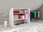 Une armoire blanche avec des vêtements, des chaussures et des accessoires.