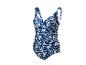 Maillot de bain une pièce femme bleu et blanc à motifs avec bretelles réglables.