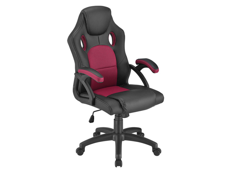 Chaise de bureau noire et rouge avec accoudoirs et roulettes.