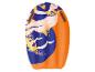 Snowboard gonflable orange avec motifs de vagues bleues et jaunes.