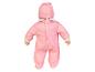 Une poupée bébé rose avec un bonnet et une combinaison.
