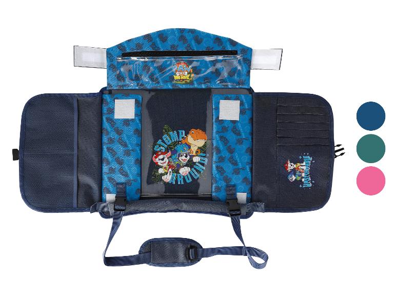 Organisateur de siège de voiture bleu avec des personnages de dessin animé et des motifs de dinosaures.