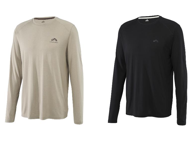 Deux t-shirts à manches longues CRIVIT, un beige et un noir, avec le logo 'GARDEN EARTH'.