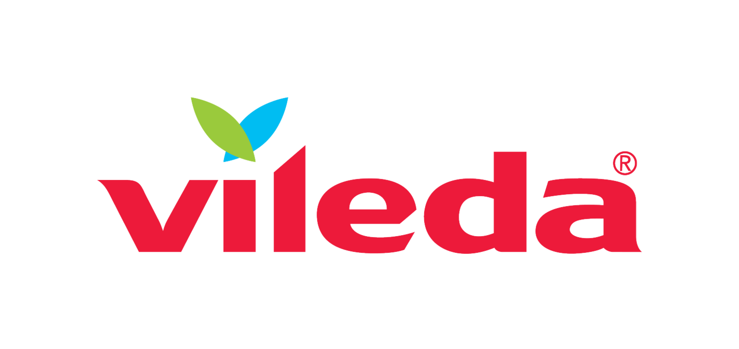 Logo Vileda, texte rouge avec des feuilles vertes et bleues