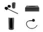 Ensemble d'accessoires de salle de bain noirs : brosse de toilette, distributeur de savon, boîte à mouchoirs et porte-serviettes.