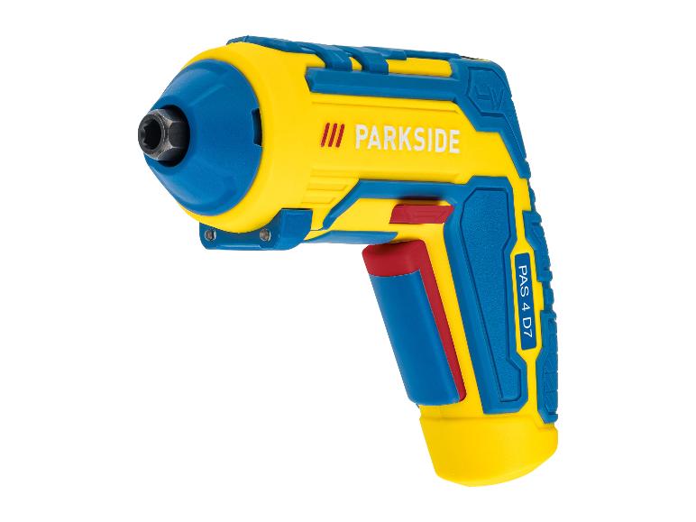 Tournevis sans fil jaune et bleu avec gâchette rouge, modèle PAS 4 D7