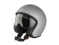 Un casque de moto gris avec une visière transparente.