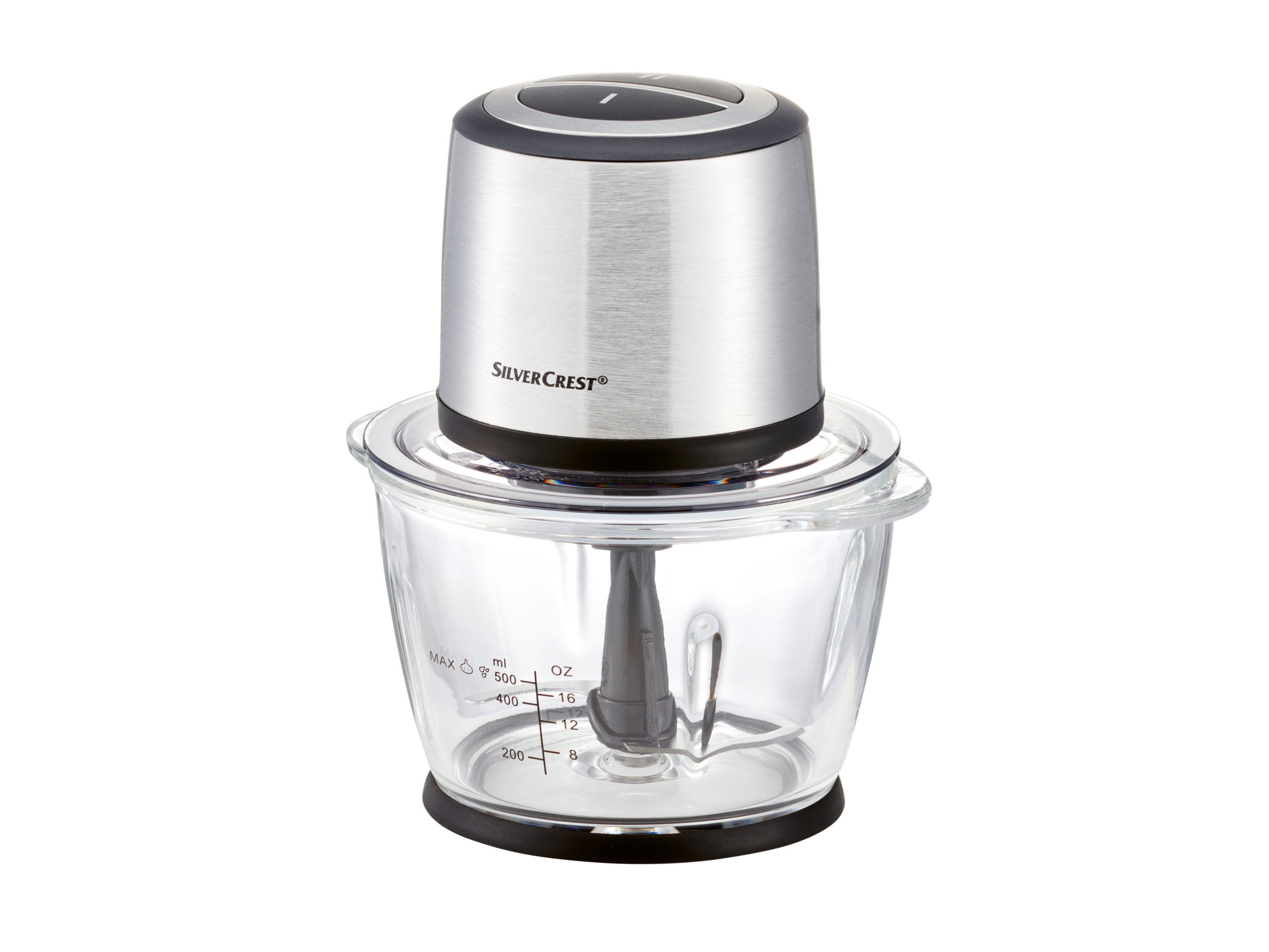 Un robot de cuisine SilverCrest en acier inoxydable avec un bol en verre.