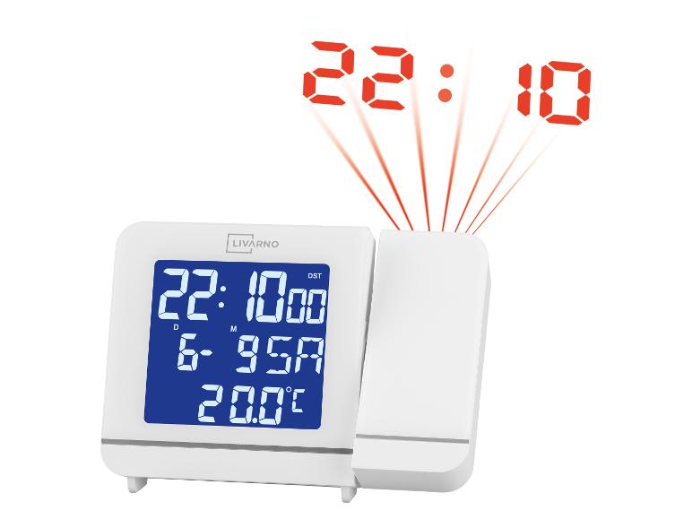 Réveil LIVARNO avec projecteur affichant l'heure 22:10 et la température 20.0°C