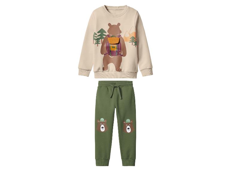 Ensemble enfant : sweat beige imprimé ours et jogging vert.