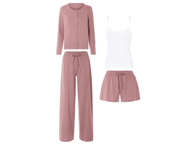 Pyjama rose poudré : haut, pantalon large et short.