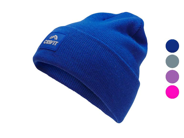 Bonnet d'hiver bleu avec logo, avec des échantillons de couleurs sur le côté.
