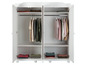 Une armoire blanche avec les portes ouvertes, avec des vêtements sur des cintres et sur des étagères.