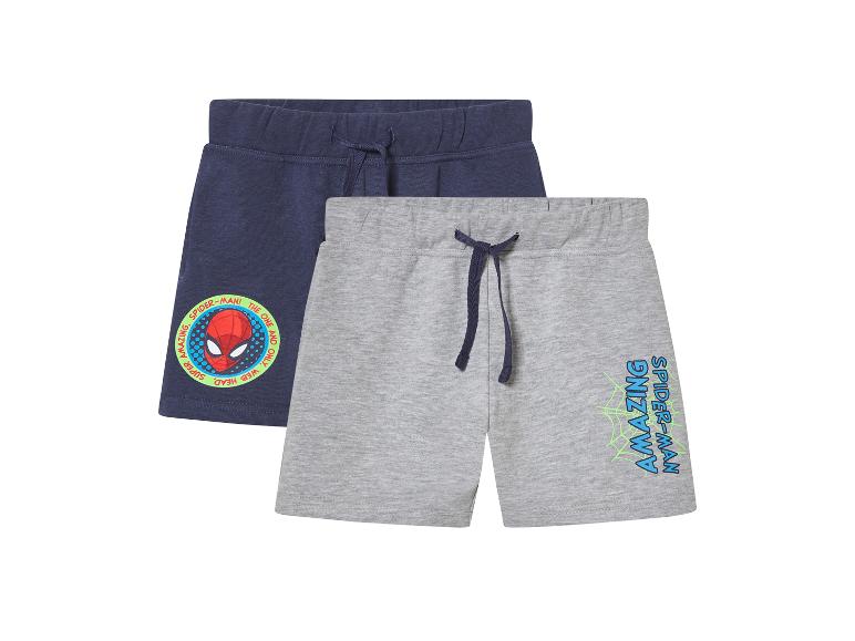 Deux shorts pour enfant, un gris et un bleu marine, avec des motifs Spider-Man.