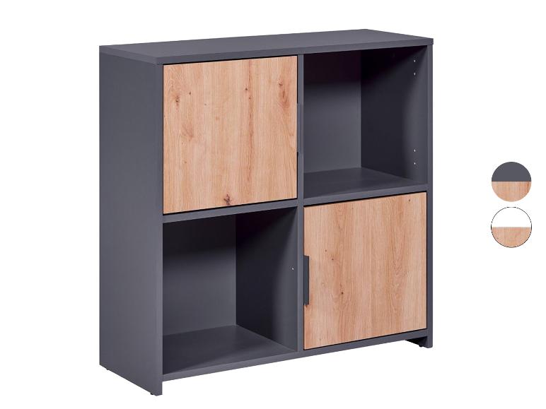 Armoire avec deux portes en bois et deux grises.