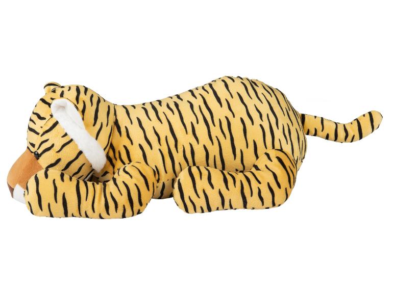 Peluche de tigre jaune à rayures noires, allongé sur une surface blanche.