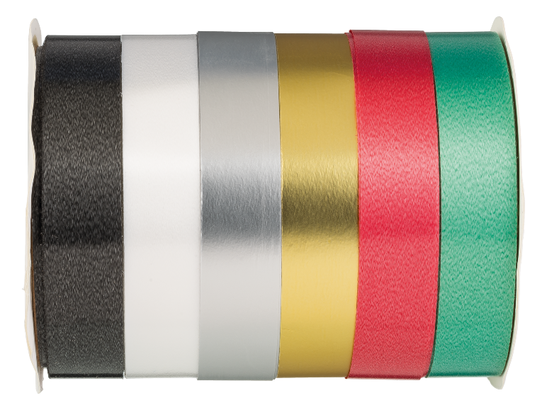 Rouleaux de rubans de différentes couleurs : noir, blanc, argent, or, rouge et vert.
