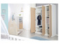 Une armoire blanche avec des portes en bois, ouverte pour montrer l'intérieur avec des étagères et une barre de penderie.