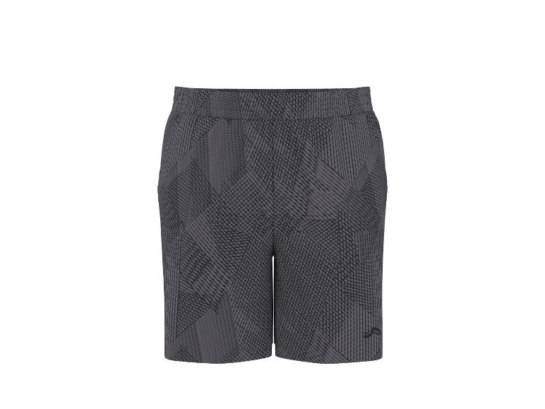 Shorts de sport gris avec motif géométrique et taille élastique.