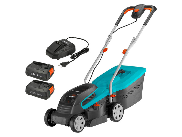 Tondeuse à gazon sans fil Gardena PowerMax 300 avec deux batteries de 2,5 Ah et un chargeur.