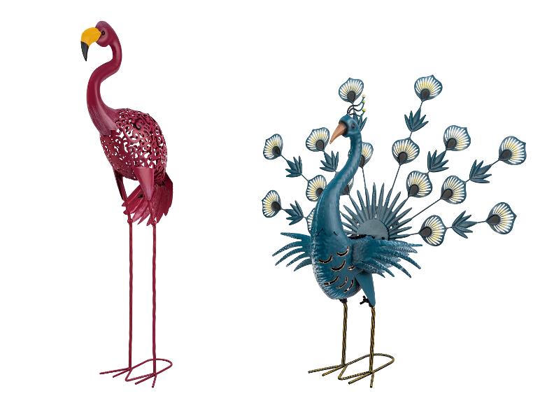 Décoration de jardin en métal: flamant rose et paon bleu.