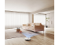 Un aspirateur robot intelligent scannant le sol d'un salon moderne.