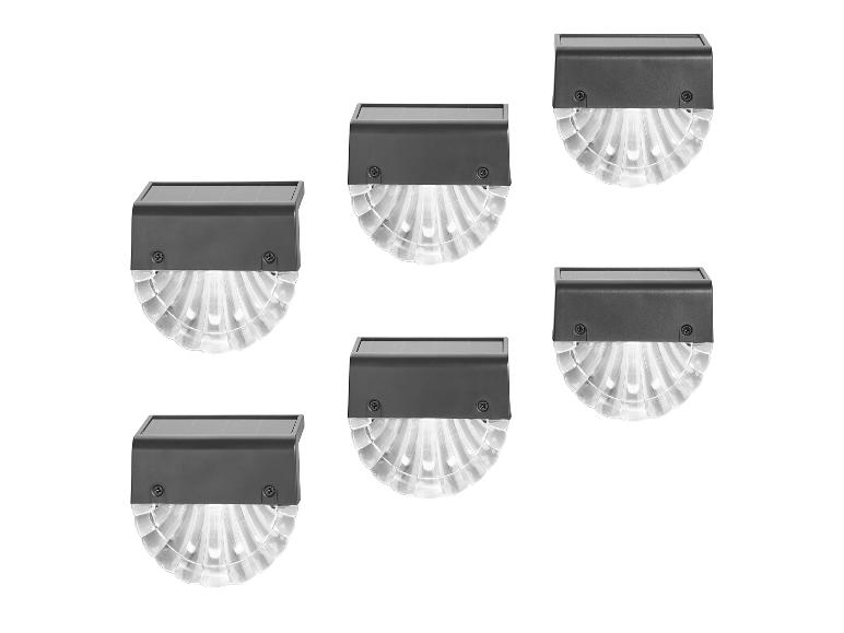 Six lampes solaires d'extérieur avec un boîtier sombre et un diffuseur transparent et nervuré.