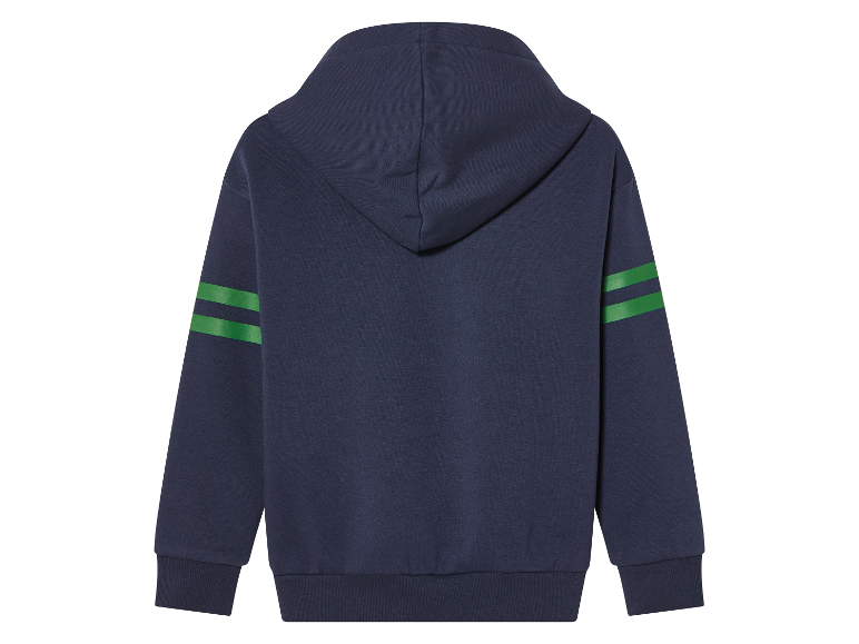 Sweat-shirt à capuche bleu marine avec des bandes vertes sur les manches.