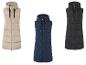 Gilets longs à capuche beige, bleu marine et noir.