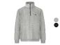 Sweat-shirt gris chiné à col montant zippé avec logo brodé, présenté avec des options de couleur.