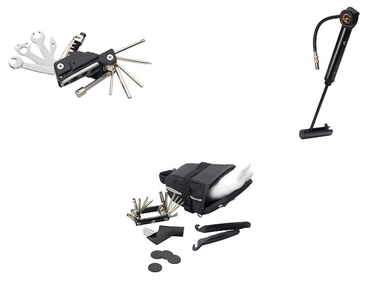Kit de réparation de vélo avec multi-outil, pompe, sacoche de selle, démonte-pneus et kit de rustines.