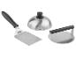 Spatule de gril, presse à burger et cloche à fromage en acier inoxydable.