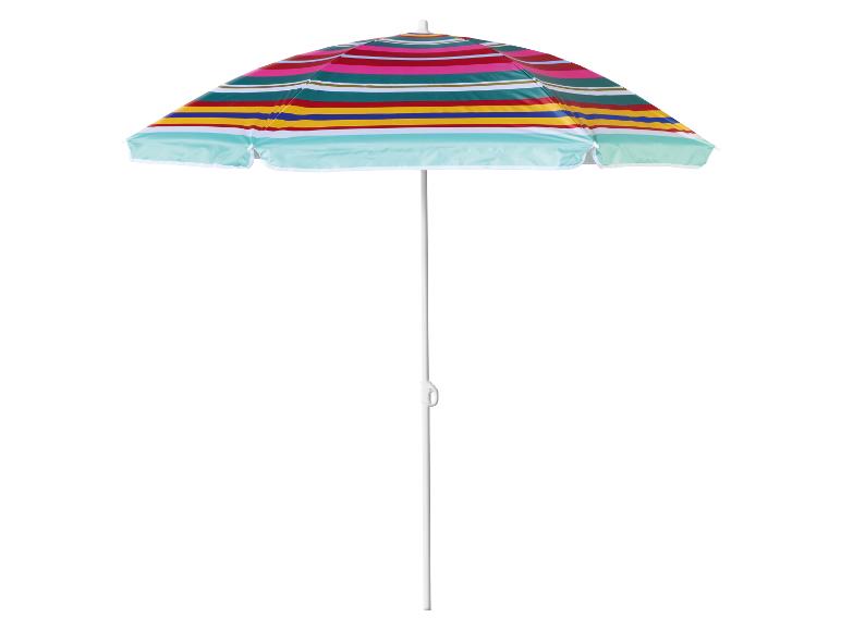 Parasol de plage rayé coloré avec un mât blanc