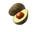Avocat entier et demi avocat avec noyau sur fond noir.