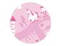 Licorne rose et château dans un design circulaire féerique.